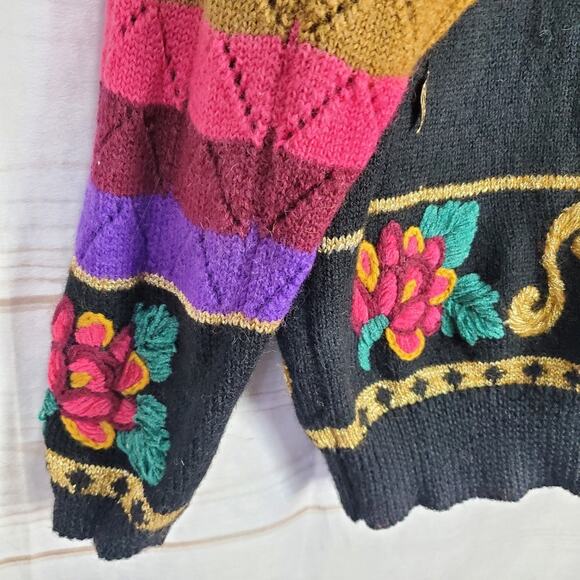 Vintage Carole Little Sweater Women Large Wool Black Rainbow Metallic Charms 90s - Picture 3 of 11
